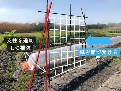 直立型支柱にネットを張るための補強