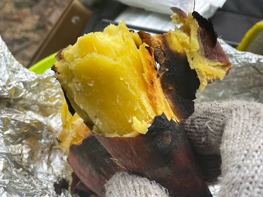 焚き火で焼き芋の完成